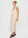 side view of model wearing Princess Polly Chosen Girl Linen Blend Midi Dress Multi Square Neck 