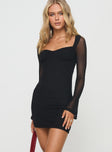 side view of model wearing Princess Polly Colline Long Sleeve Mini Dress Black Sweetheart Neckline 