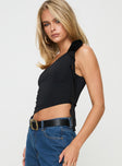 side view of model wearing Princess Polly Carmonie One Shoulder Top Black Sleeveless Asymmetric Neckline 