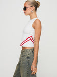 side view of model wearing Princess Polly Fast 67 Tank Top White / Red Sleeveless Crew Neck 