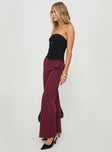 side view of model wearing Princess Polly Aquaville Pants Burgundy Pinstripe High Waisted Pants 