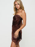 side view of model wearing Princess Polly Donelli Mini Dress Brown Paisley Straight Neck 