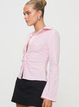 side view of model wearing Princess Polly Ambrose Shirt Pink Stripe Full Sleeves High Neck 