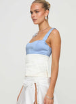 side view of model wearing Princess Polly Chantell Top Blue / White Sleeveless Sweetheart 