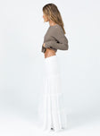   side view of model wearing Princess Polly Miriah Maxi Skirt White Low Impact Maxi 