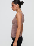 side view of model wearing Princess Polly Kind To Another Ruched Top Mauve Sleeveless Cowl 