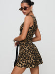 side view of model wearing Princess Polly Vivre Mini Dress Leopard Crew Neck 