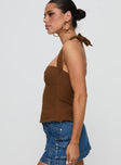 side view of model wearing Princess Polly Isabetta Halter Top Chocolate Sleeveless Sweetheart 