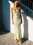 front view of model wearing Princess Polly Lauraline Maxi Dress Green / Floral Plunger 