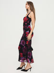 side view of model wearing Princess Polly Eviana Maxi Dress Floral Square Neck 