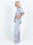 side view of model wearing Princess Polly Golda Pant Blues Geo High Waisted Pants 