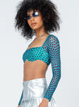 side view of model wearing Princess Polly Becca Long Sleeve Crop Top Teal 