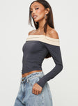 product Princess Polly Full Sleeves Asymmetric Neckline  Machado Off The Shoulder Top Slate / Beige