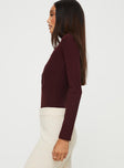 side view of model wearing Princess Polly Kandis Long Sleeve Bodysuit Burgundy Full Sleeves V-Neck 