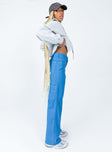 side view of model wearing Princess Polly Leisure Straight Leg Jeans Blue High Waisted 