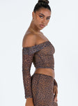 product Princess Polly Three Fourth Sleeves Asymmetric Neckline  Motel Nagini Bardot Top Mesh Leopard