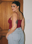 back view of model wearing Princess Polly Sampson Top Burgundy Curve Sleeveless Plunger 