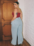 side view of model wearing Princess Polly Arlington Straight Leg Denim Jeans Light Wash Curve Mid Rise 