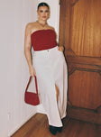   side view of model wearing Princess Polly Batkins Maxi Skirt Cream Curve Maxi 