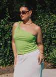 side view of model wearing Princess Polly Moda One Shoulder Top Green Curve Sleeveless Asymmetric Neckline 