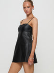 side view of model wearing Princess Polly Isak Woven Faux Leather Mini Dress Black Square Neck 