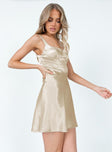 side view of model wearing Princess Polly Gio Mini Dress Beige Square Neck 