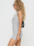 side view of model wearing Princess Polly Bernier Mini Dress Grey V-Neck 