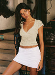 front view of model wearing Princess Polly Most Ardently Lace Top Cream Short Sleeves V-Neck 