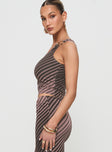 side view of model wearing Princess Polly Rios One Shoulder Top Brown Stripe Sleeveless Asymmetric Neckline 