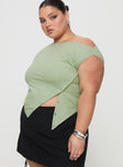 side view of model wearing Princess Polly Karre Off The Shoulder Top Sage Curve Short Sleeves Asymmetric Neckline 