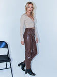 side view of model wearing Princess Polly Lillie PU Pants Brown 