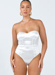 front view of model wearing Princess Polly Vista Satin Bodysuit Ivory Sleeveless Sweetheart 