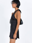 side view of model wearing Princess Polly Lanier Mini Dress Black Tall Plunger 