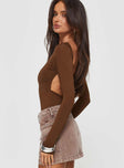 side view of model wearing Princess Polly Gatewood Long Sleeve Bodysuit Brown Full Sleeves Boat Neck 