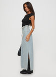   side view of model wearing Princess Polly Brandee Tie Front Denim Maxi Skirt Light Wash Maxi 