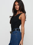 side view of model wearing Princess Polly Axton Cowl Neck Bodysuit Black Sleeveless 