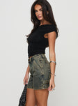 side view of model wearing Princess Polly Lou Carpenter Denim Shorts Antique Wash High Waisted Shorts 