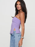 side view of model wearing Princess Polly Strutter Strapless Top Purple Sleeveless straight 