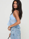 side view of model wearing Princess Polly Elizaveta Top Blue Sleeveless Plunger 