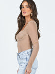 side view of model wearing Princess Polly Leonie Bodysuit Beige Full Sleeves Sweetheart 