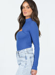 side view of model wearing Princess Polly Greaves Long Sleeve Bodysuit Cobalt Full Sleeves High Neck 