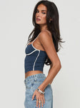 side view of model wearing Princess Polly Maidenwell Contrast Top Blue Sleeveless Square Neck 