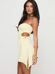 side view of model wearing Princess Polly Twyla Strapless Mini Dress Yellow Asymmetric Neckline 