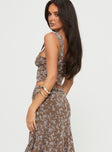 side view of model wearing Princess Polly Aerin Top Brown Multi Sleeveless Plunger 