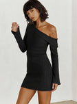 side view of model wearing Princess Polly Holveck Off The Shoulder Mini Dress Black Asymmetric Neckline 