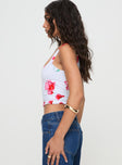 side view of model wearing Princess Polly Back In Time Top White Floral Sleeveless Square Neck 