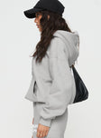 side view of model wearing Princess Polly Princess Polly Hooded Sweatshirt Puff Text Grey 