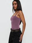 side view of model wearing Princess Polly Off Stage Bodysuit Purple Sleeveless 