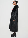 Faux leather longline coat Faux fur colour, twin hip pockets, button & belt fastening at waist Non-stretch material, fully lined 