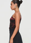 side view of model wearing Princess Polly Annem One Shoulder Top Black / Red Sleeveless Asymmetric Neckline 